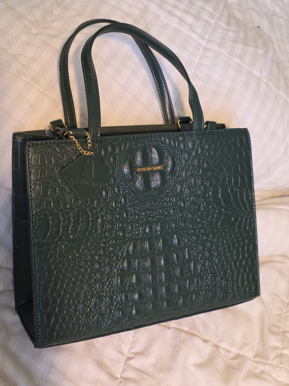 Tote & Carry Dark Green Croc-Embossed Structured Tote